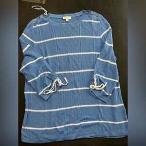 Laura Petites Blue White Striped Linen Blend Cable Knit Sweater Petite Medium